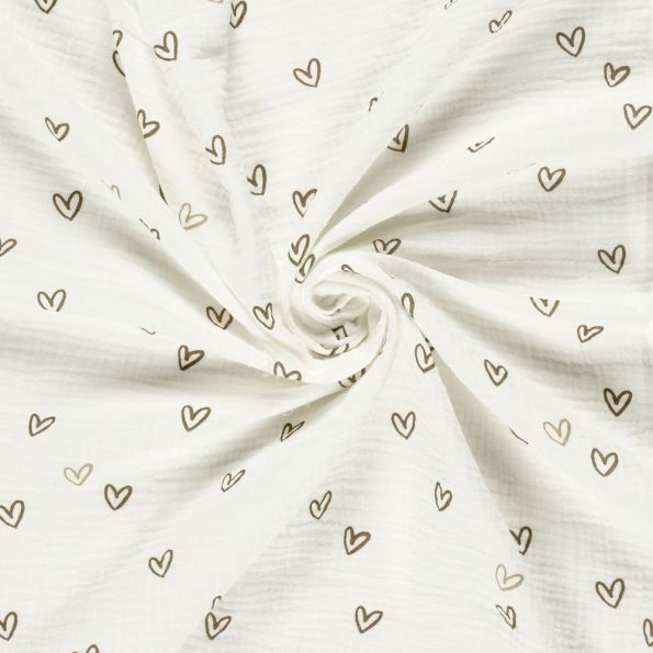 Tissu Double gaze de Coton digital Coeurs taupes sur fond Ecru - Par 10 cm