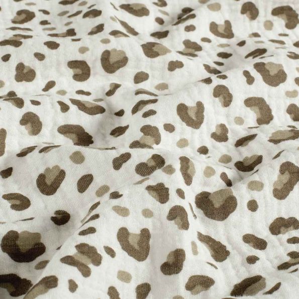Tissu Double gaze de Coton motif panthère Taupe et Beige sur fond Blanc cassé - Par 10 cm