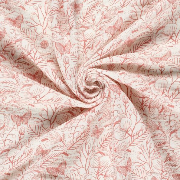 Tissu Double gaze de Coton Motif floral sur fond Ecru - Par 10 cm