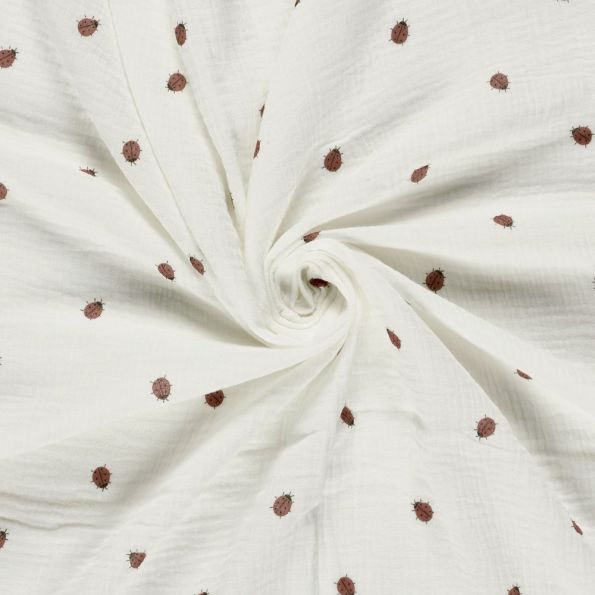 Tissu Double gaze de Coton Maé petites coccinelles sur fond Ecru - Par 10 cm