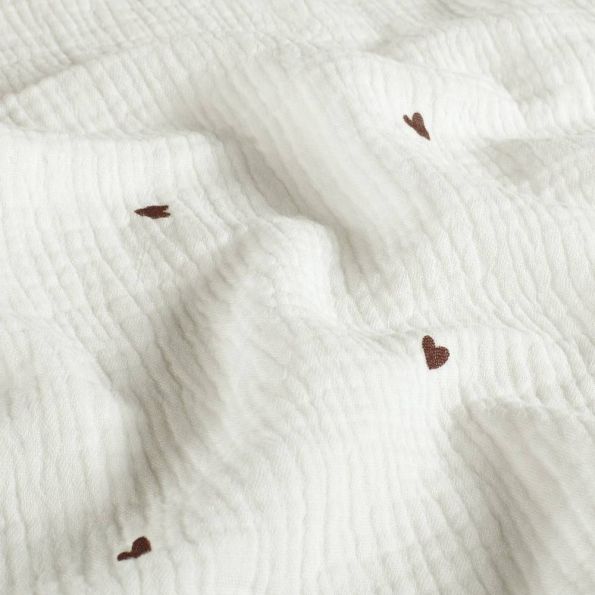 Tissu Double gaze de Coton petits coeurs Bordeaux foncé sur fond Blanc cassé - Par 10 cm