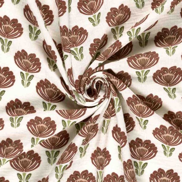 Tissu Double gaze de Coton Eglantine fleurs Marron sur fond Ecru - Par 10 cm