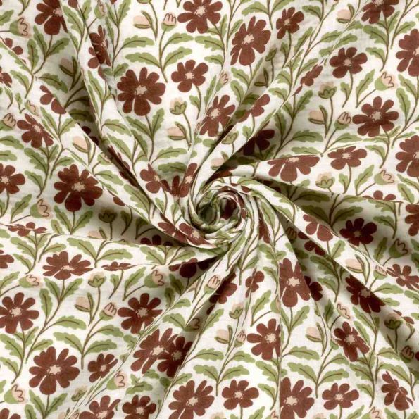 Tissu Double gaze de Coton Angèle fleurs Marron sur fond Ecru - Par 10 cm