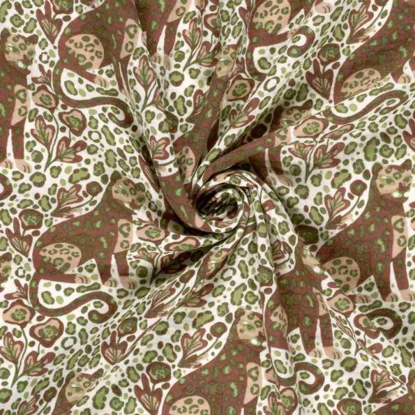 Tissu Double gaze de Coton Panthère marron et vert sur fond Ecru - Par 10 cm