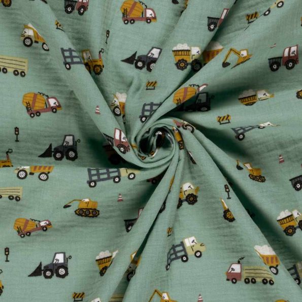 Tissu Double gaze de Coton Léo engins chantier sur fond Vert amande - Par 10 cm