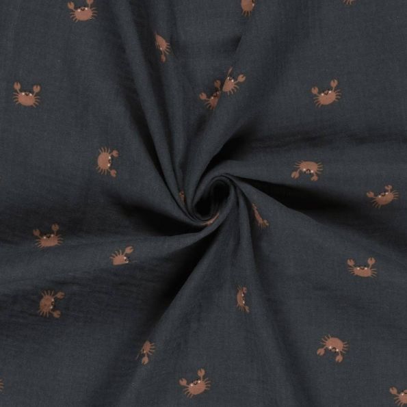 Tissu Double gaze de Coton Bob petits crabes sur fond Bleu marine - Par 10 cm
