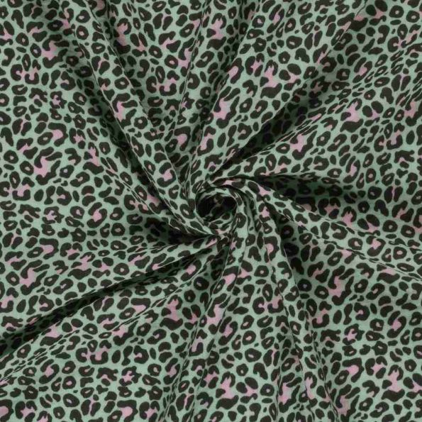 Tissu Double gaze de Coton Jungle léopard Pop sur fond Vert amande - Par 10 cm