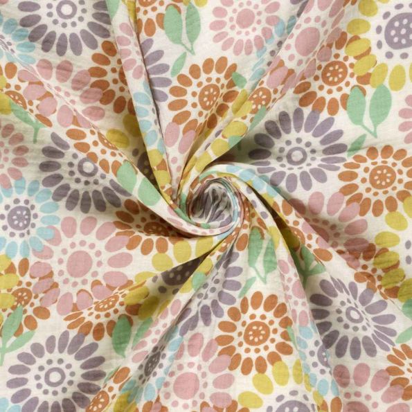 Tissu Double gaze de Coton Fleuris hippy sur fond Ecru - Par 10 cm