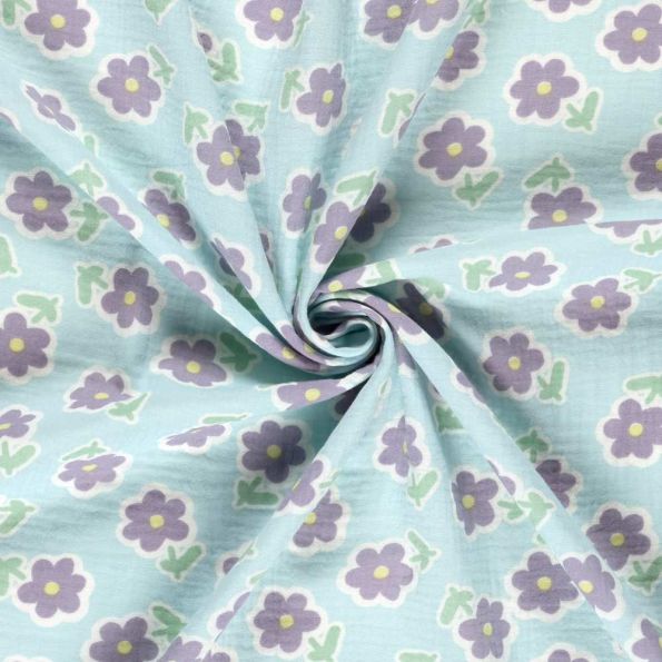 Tissu Double gaze de Coton Fleuris lilas sur fond Bleu ciel - Par 10 cm
