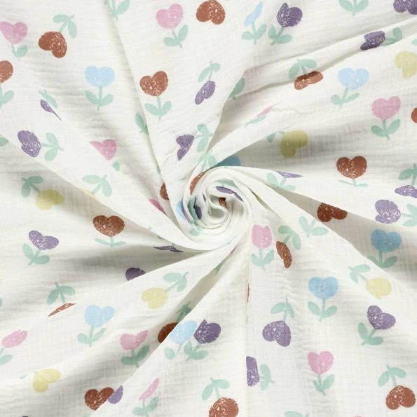 Tissu Double gaze de Coton Lola fleurs de cœur sur fond Ecru - Par 10 cm