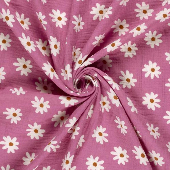 Tissu Double gaze de Coton Gérone fleurs Blanc sur fond Rose - Par 10 cm