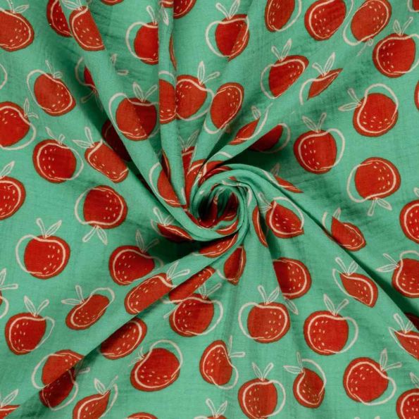 Tissu Double gaze de Coton Pommes rouges sur fond Vert - Par 10 cm