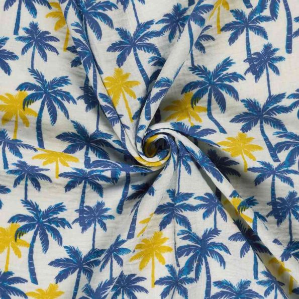 Tissu Double gaze de Coton Orlando palmiers sur fond Blanc cassé - Par 10 cm