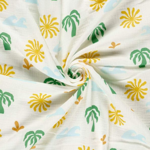 Tissu Double gaze de Coton Miami palmiers sur fond Blanc cassé - Par 10 cm