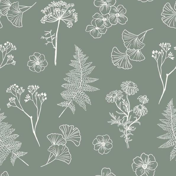 Tissu Popeline de Coton Herbier Sauge sur fond Vert - Par 10 cm