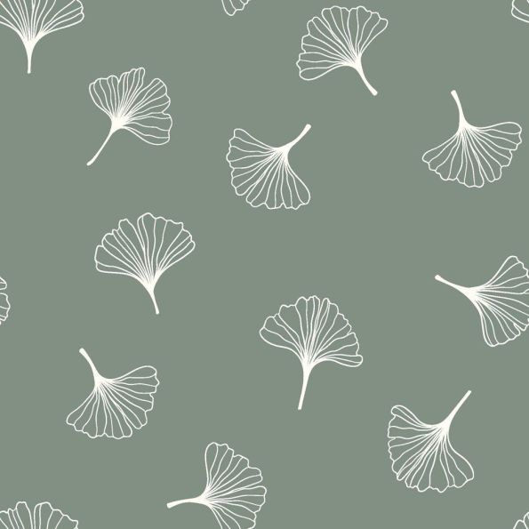 Tissu Popeline de Coton Ginkgo sur fond Vert sauge - Par 10 cm