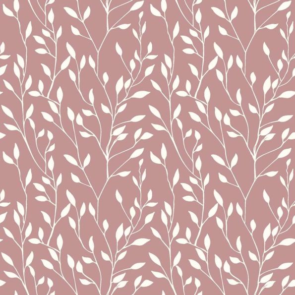 Tissu Popeline de Coton Elise Végétal délicat sur fond Vieux rose - Par 10 cm