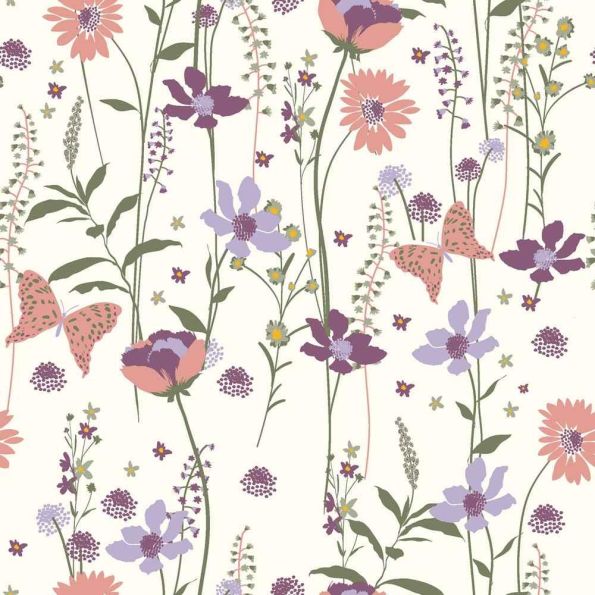 Tissu Popeline de Coton Fleur de Prairie sur fond Ecru - Par 10 cm