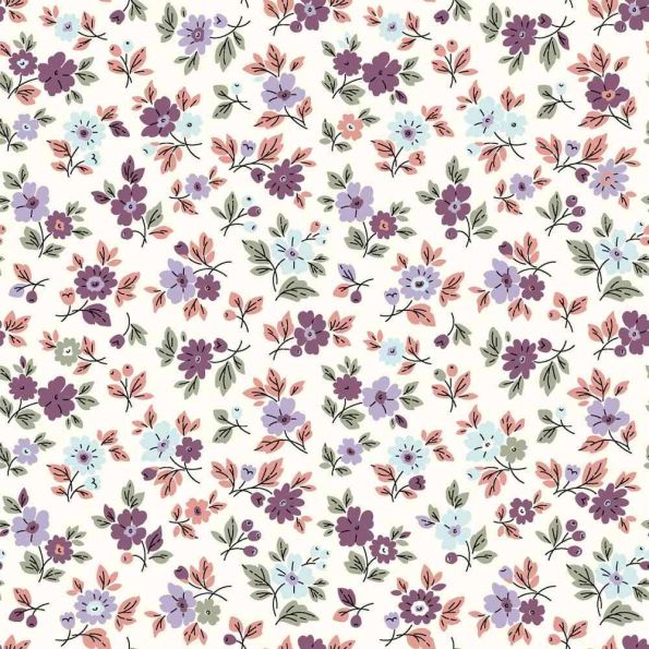 Tissu Popeline de Coton Lucile Petites fleurs sur fond Ecru - Par 10 cm