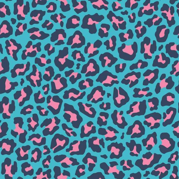 Tissu Popeline de Coton Léo Pop tacheté Léopard rose et bleu marine sur fond Bleu turquoise - Par 10 cm