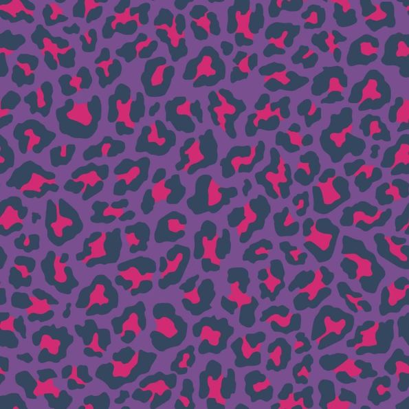 Tissu Popeline de Coton Léo Pop tacheté Léopard fuschia et bleu marine sur fond Violet - Par 10 cm