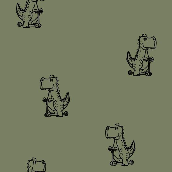 Tissu Popeline de Coton Dino Rider Dinosaures sur Trottinettes sur fond Vert kaki - Par 10 cm