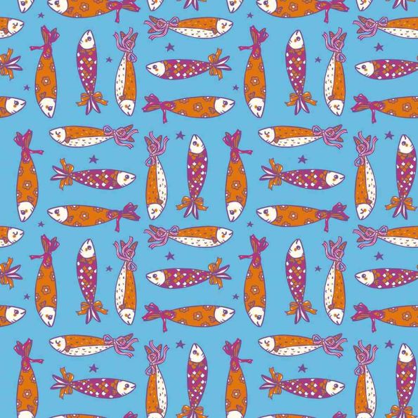 Tissu Popeline de Coton Sardines en Fête Poissons stylisés sur fond Bleu azur - Par 10 cm