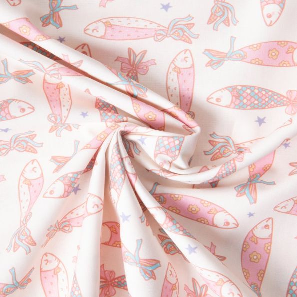 Tissu Coton imprimé Marie sardines Rose pastel sur fond Ecru - Par 10 cm