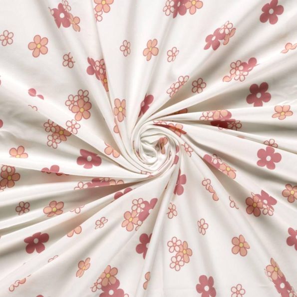 Tissu Jersey Coton imprimé Rosalie Petites fleurs rose pastels sur fond Ecru - Par 10 cm