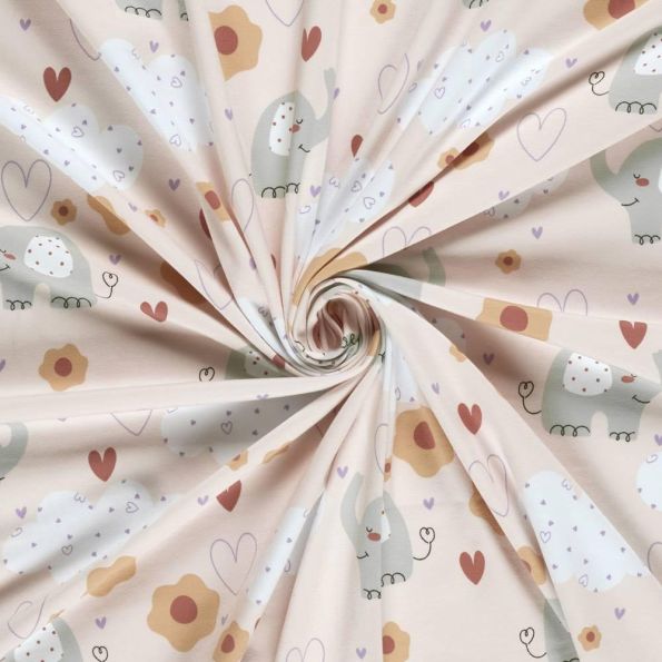 Tissu Jersey Coton imprimé Love & Jumbo Elephants sur fond Rose pastel - Par 10 cm