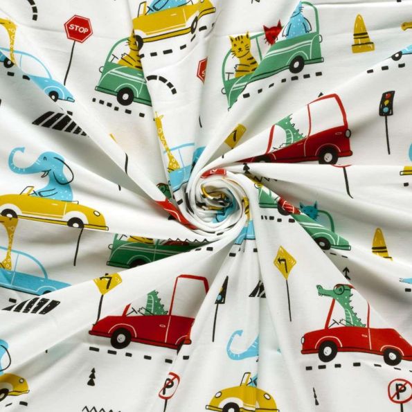 Tissu Jersey Coton imprimé En Route les Animaux Ecru - Par 10 cm