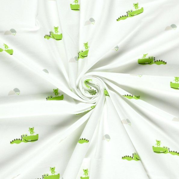 Tissu Jersey Coton imprimé Croco vert sur fond Ecru - Par 10 cm