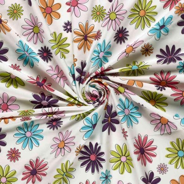 Tissu Jersey Coton imprimé Fleurs multico sur fond Ecru - Par 10 cm