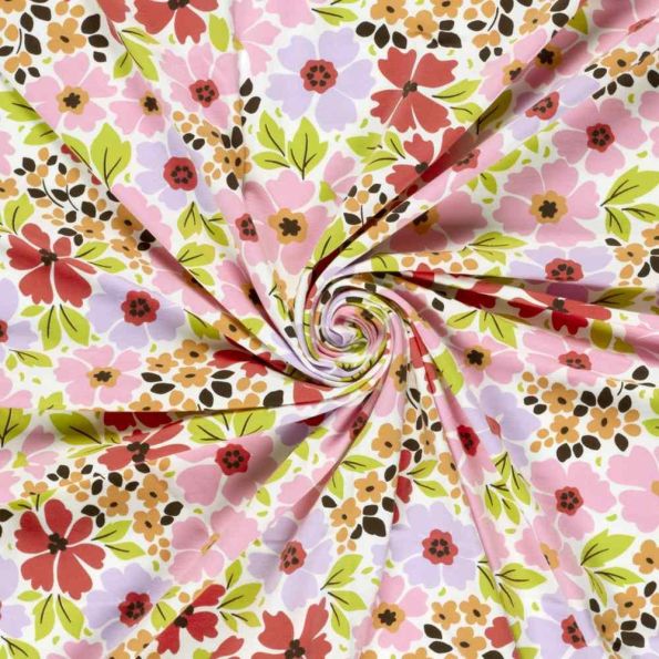 Tissu Jersey Coton imprimé Jardin fleuris sur fond Ecru - Par 10 cm