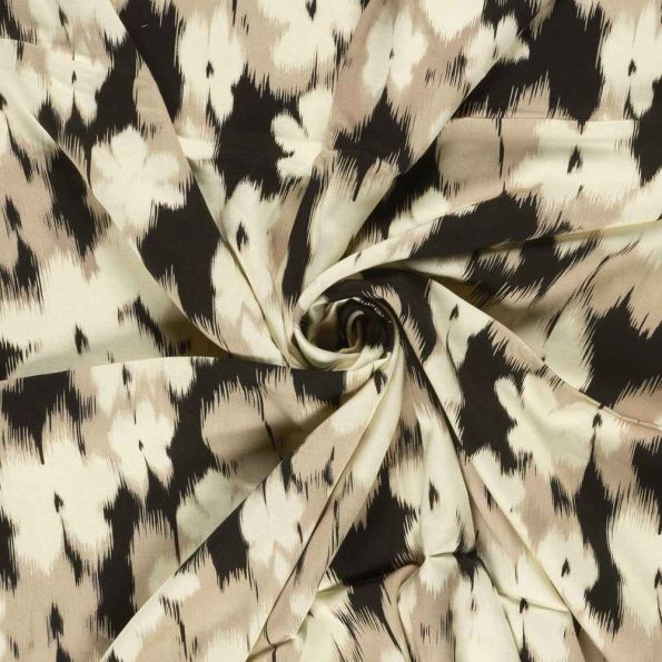 Tissu Viscose Satiné Floral abstrait Ecru et Taupe sable sur fond Noir - Par 10 cm