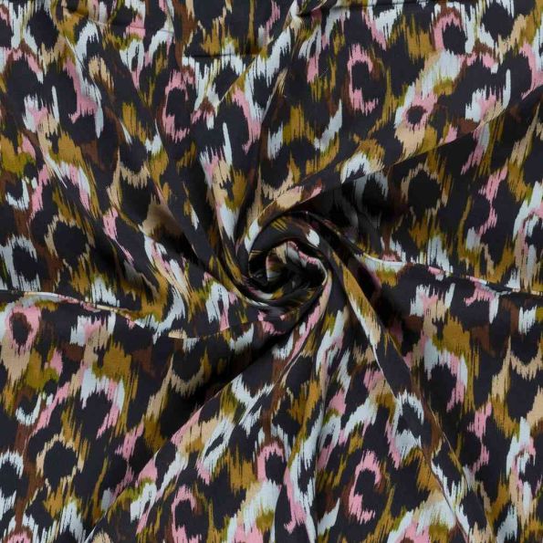 Tissu Viscose Satiné Léopard abstrait Bleu et Rose pastel sur fond Bleu nuit - Par 10 cm