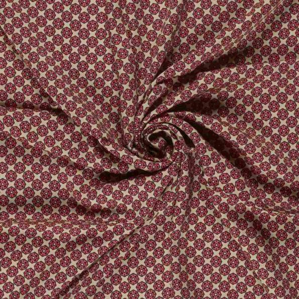 Tissu Viscose Satiné motif floral indien Framboise sur fond Beige - Par 10 cm