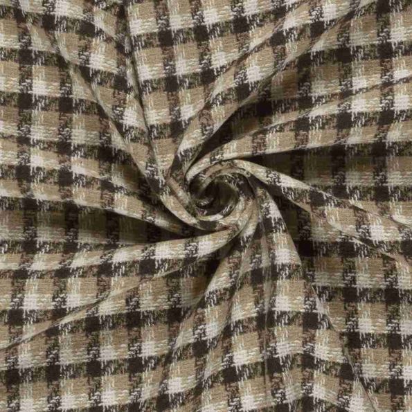 Tissu Jacquard toucher laine damier Beige et Ecru sur fond Marron foncé - Par 10 cm