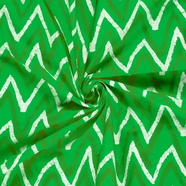 Tissu Voile de Coton Batik Zigzag Blanc sur fond Vert citron - Par 10 cm