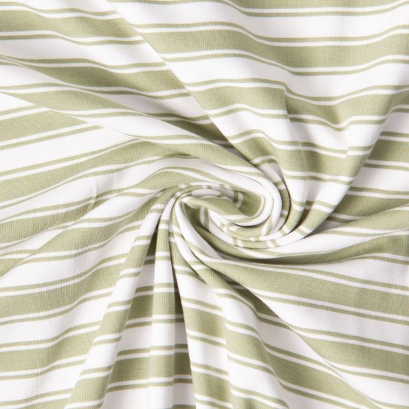 Tissu Jersey Coton imprimé Nina rayures Olive sur fond Blanc - Par 10 cm