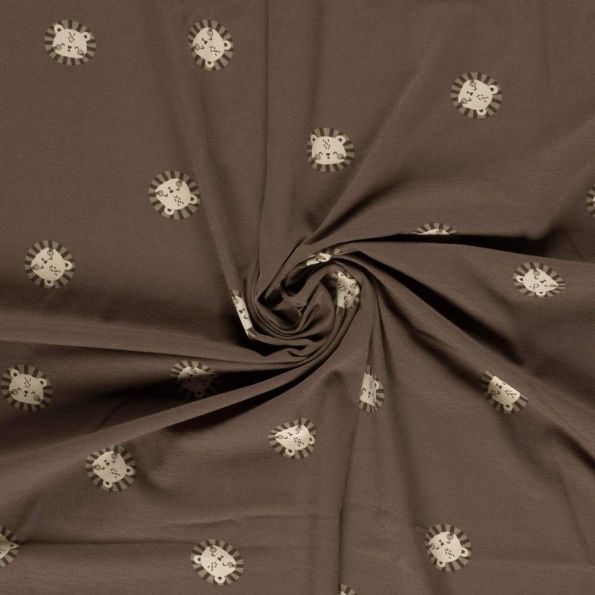 Tissu Jersey Coton imprimé Leo têtes de lion sur fond Marron - Par 10 cm