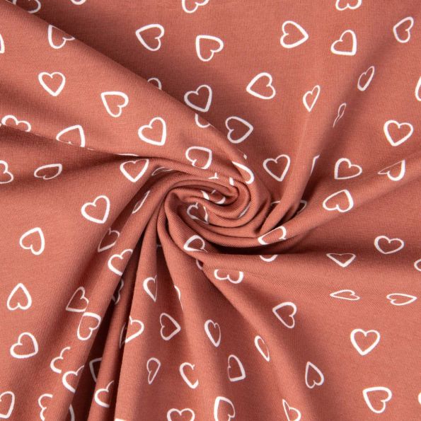 Tissu Jersey Coton Charlie petits cœurs sur fond Vieux rose - Par 10 cm