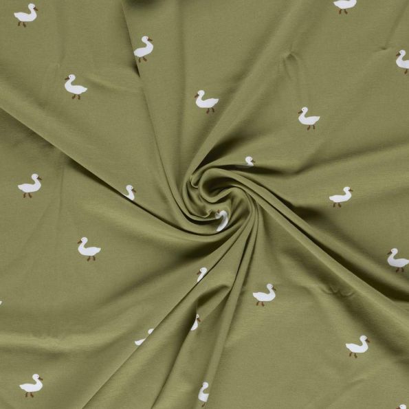 Tissu Jersey Coton imprimé Tom petits canards sur fond Vert olive - Par 10 cm