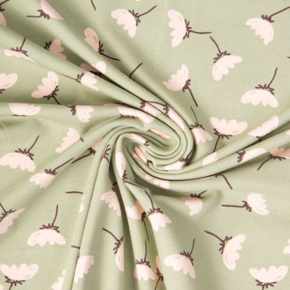 Tissu Jersey Coton imprimé June printanier sur fond Vert kaki clair - Par 10 cm