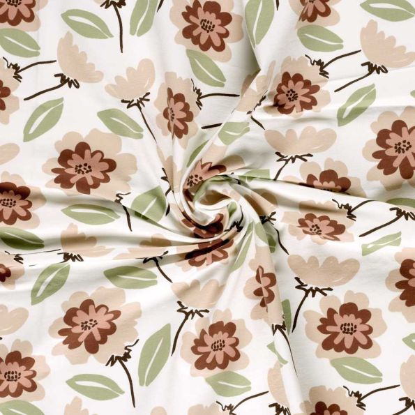 Tissu Sweat léger French Terry Eden fleuri sur fond Ecru - Par 10 cm