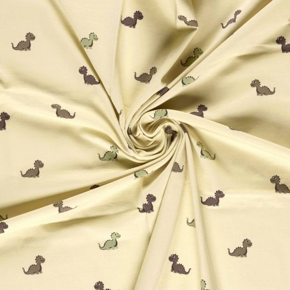 Tissu Jersey Coton imprimé Inès happy dino sur fond Beige - Par 10 cm