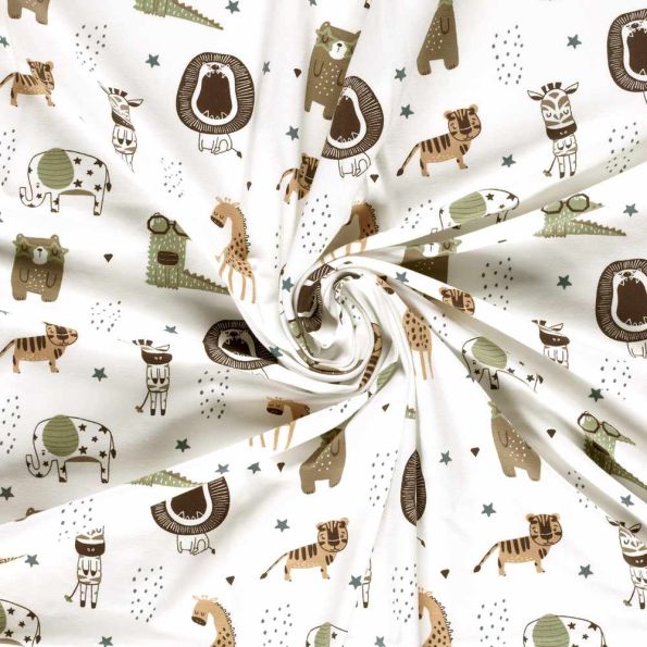 Tissu Jersey Coton imprimé Nina happy jungle sur fond Blanc cassé - Par 10 cm