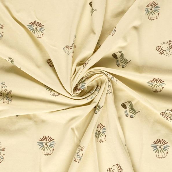 Tissu Jersey Coton imprimé Animaux du zoo sur fond Beige - Par 10 cm