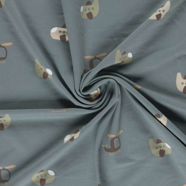 Tissu Sweat léger French Terry Elio airplane sur fond Bleu gris - Par 10 cm
