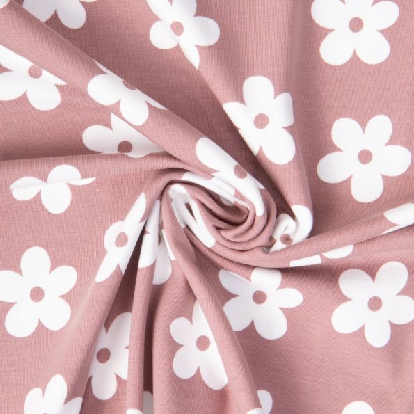 Tissu Jersey Coton Lola fleurs Blanc sur fond Violine - Par 10 cm